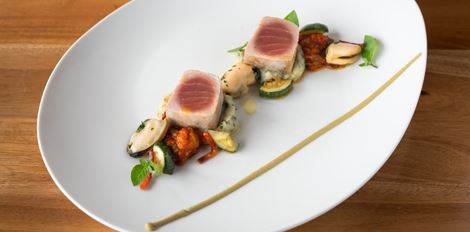 Grilled Tuna Loin, Bouchot Mussels, Piperade, Chorizo Iberico and Green Olive Cream