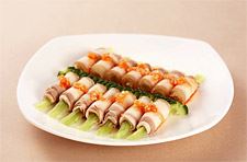 Thinly Sliced Pork Belly and Vegetable Roll Served with Garlic Sauce