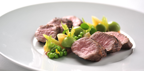 Lamb loin, lapsang souchong tea, rhubarb celery fava bean and green peas