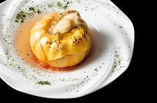 Baked Abalone and Inaniwa Noodles with Cheese served with Pumpkin